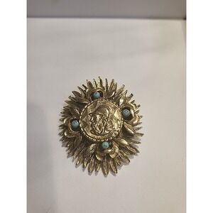 Vintage Gold Plated Faux Coin & Turquoise‎ Scarf Clip or Belt Buckle Unusual